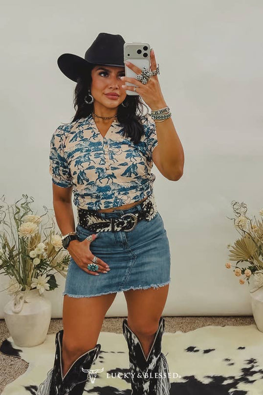 Cream Blue Western Printed Button Down Short Sleeve Top