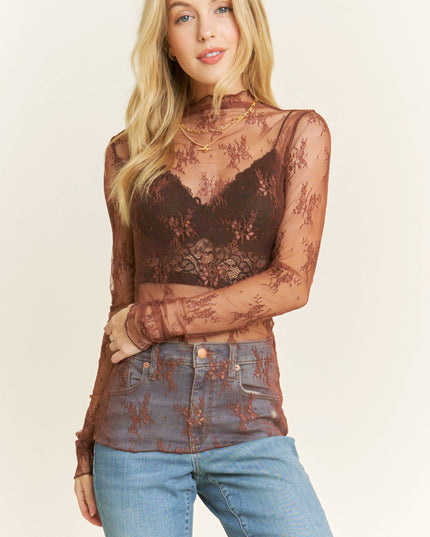 MESH LACE HIGH NECK DESIGN LONG SLEEVE FITTED TOP