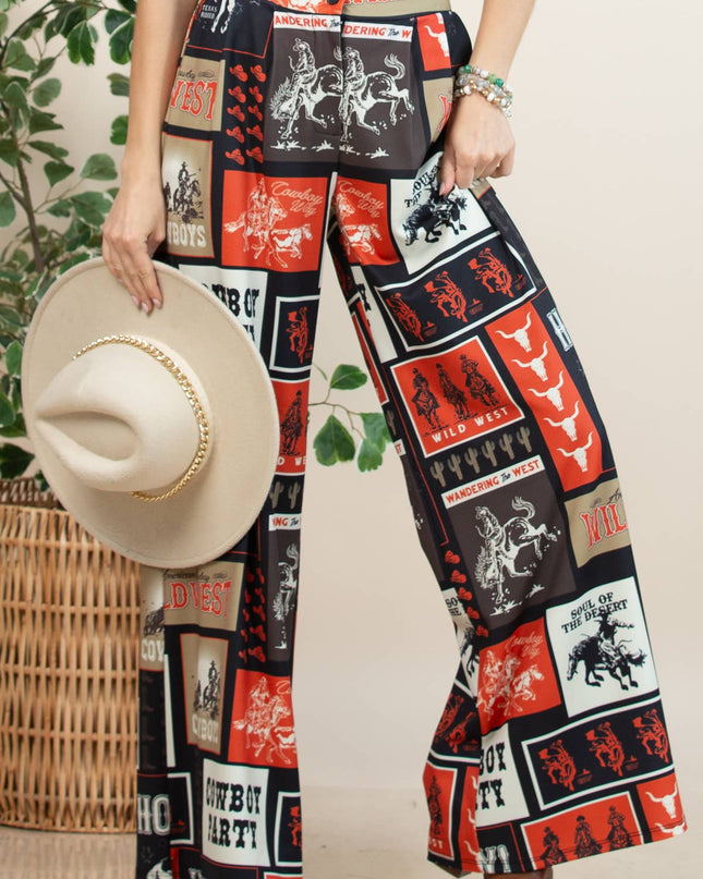 P1261-6010-Tammy Cowboy Party Mesh Print Slack Pants