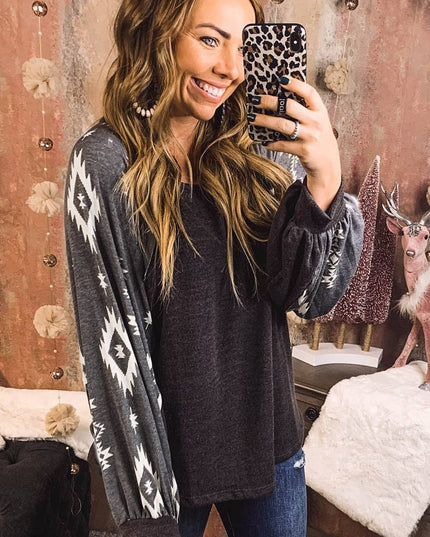 Customizable Western Print Patch Long Sleeve Top