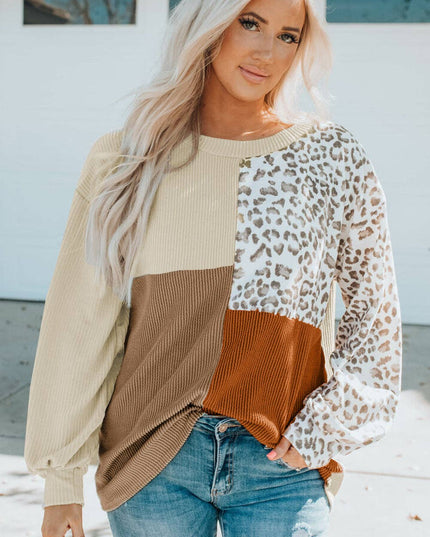New Colorblock Leopard Print Knitted Long Sleeve Top