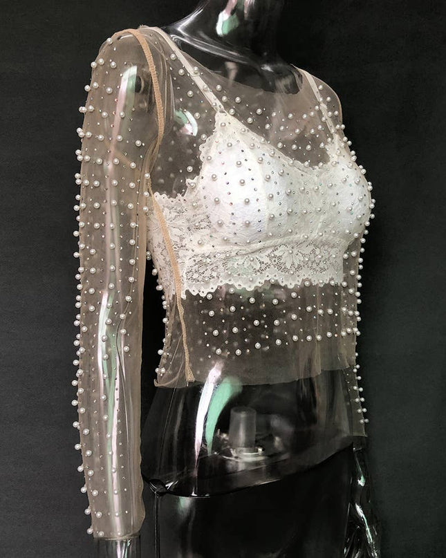 Pearl rhinestone sheer mesh see through top