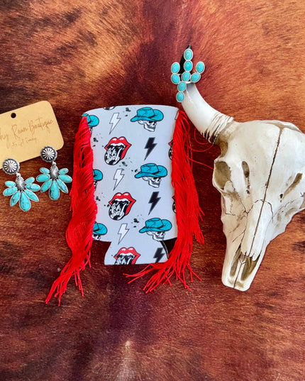 Distressed Turquoises Cowboy Skelly Fringe Slim Koozie