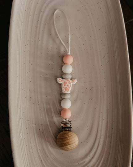 Pink Cow Print/ Head Pacifier Clip