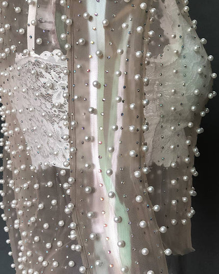 Pearl rhinestone sheer mesh see through top
