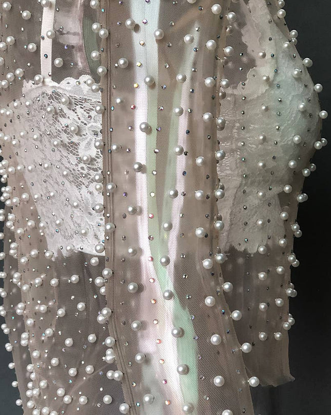 Pearl rhinestone sheer mesh see through top