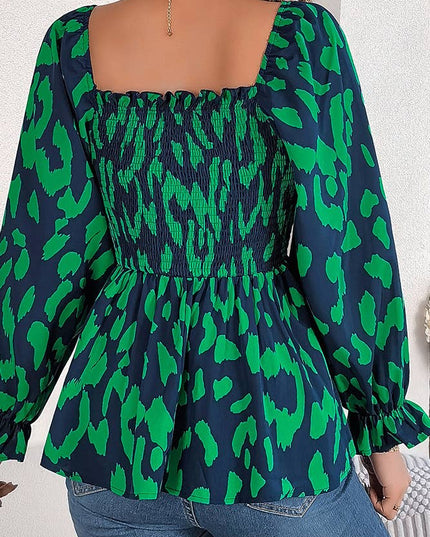 Leopard Square Neck Long Sleeves Frilled Blouse