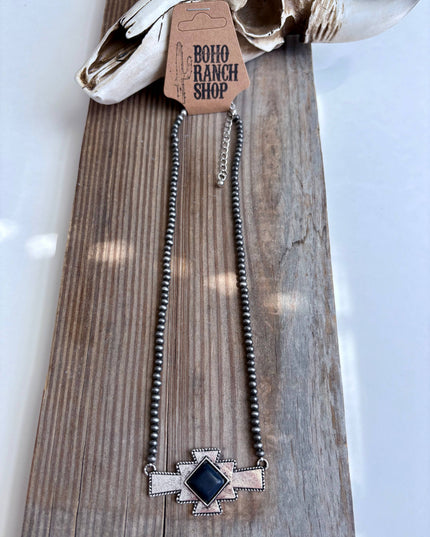 Western Aztec Stone Pendant Navajo Pearl Bead Necklace