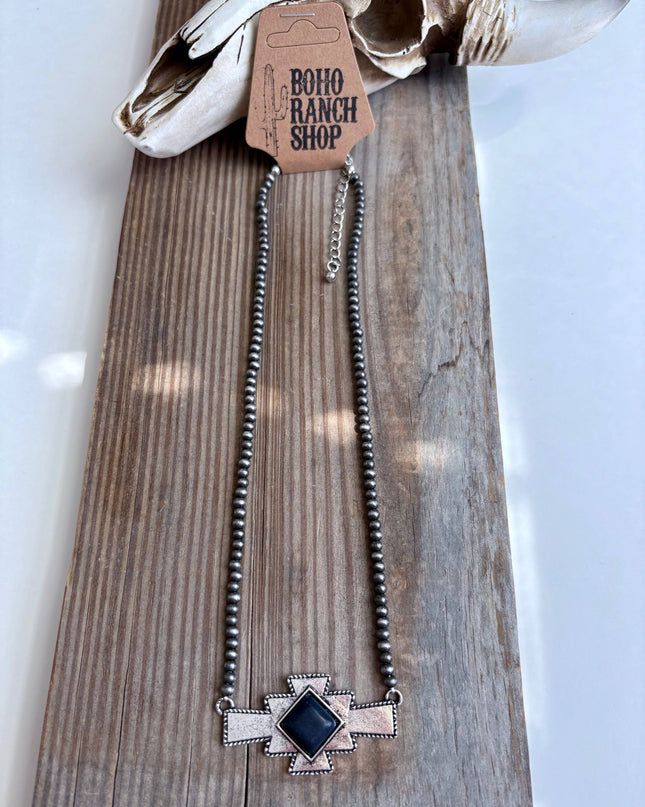 Western Aztec Stone Pendant Navajo Pearl Bead Necklace