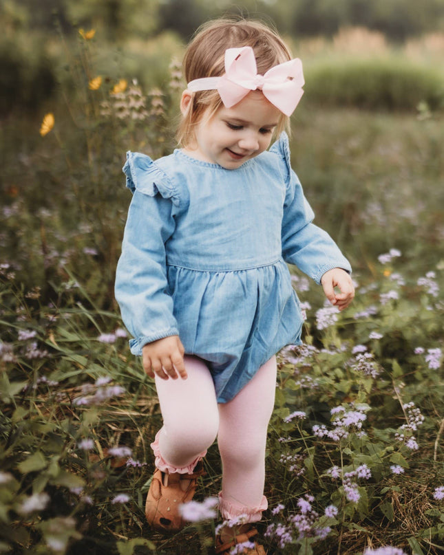 Baby Girls Light Wash Denim Long Sleeve Flutter Bubble Romper