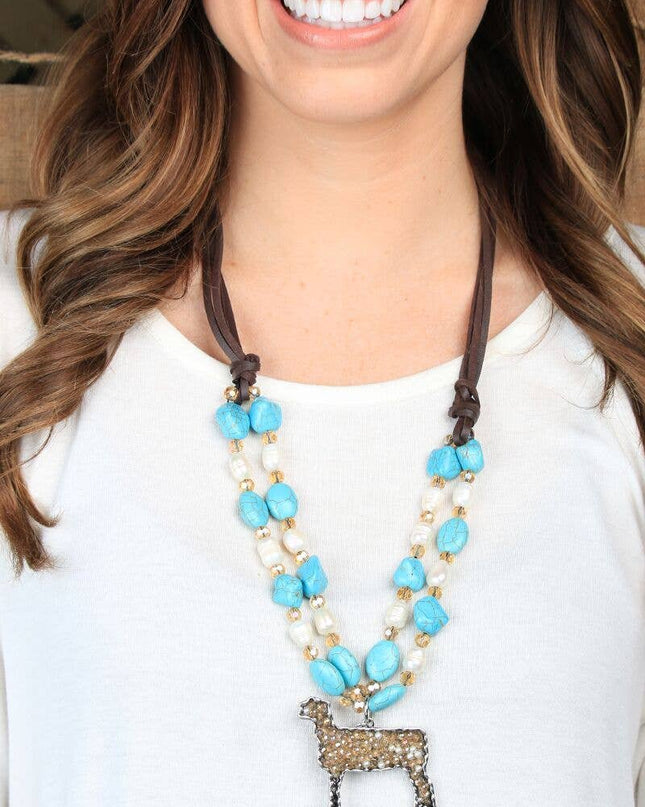 Champagne Jeweled Show Sheep Turquoise and Leather Necklace, Silver