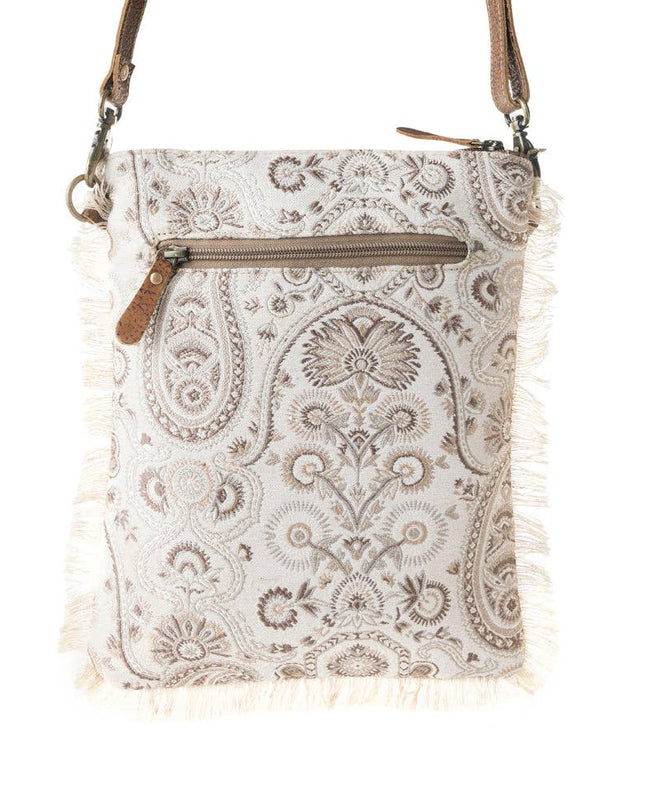 Loom Tapestry upcycled canvas crossbody Bag for Women in sage with fringe detail