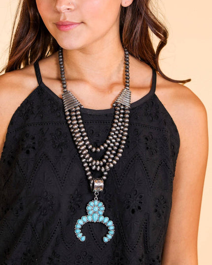 Howdy Partner Turquoise Squash Blossom, Silver