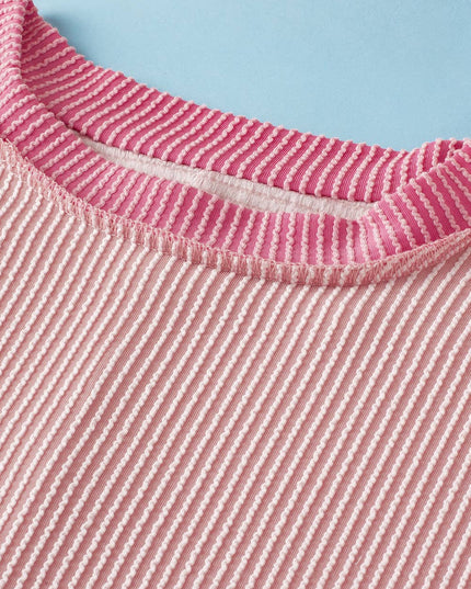 Textured Contrast Trim Round Neck T Shirt