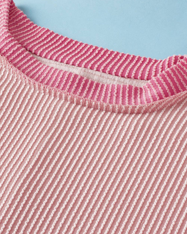 Textured Contrast Trim Round Neck T Shirt