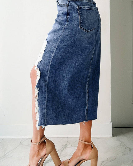 LALALOO Denim Distressed Midi Skirt