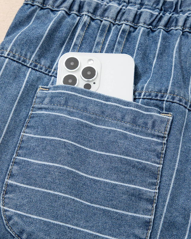 Stripe Button Pleated Drawstring Waist Casual Wide Leg Jeans