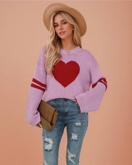 Loose-Fitting Color-Block Love Heart Round Neck Sweater