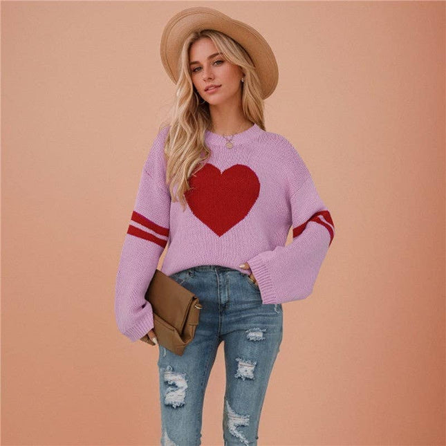 Loose-Fitting Color-Block Love Heart Round Neck Sweater