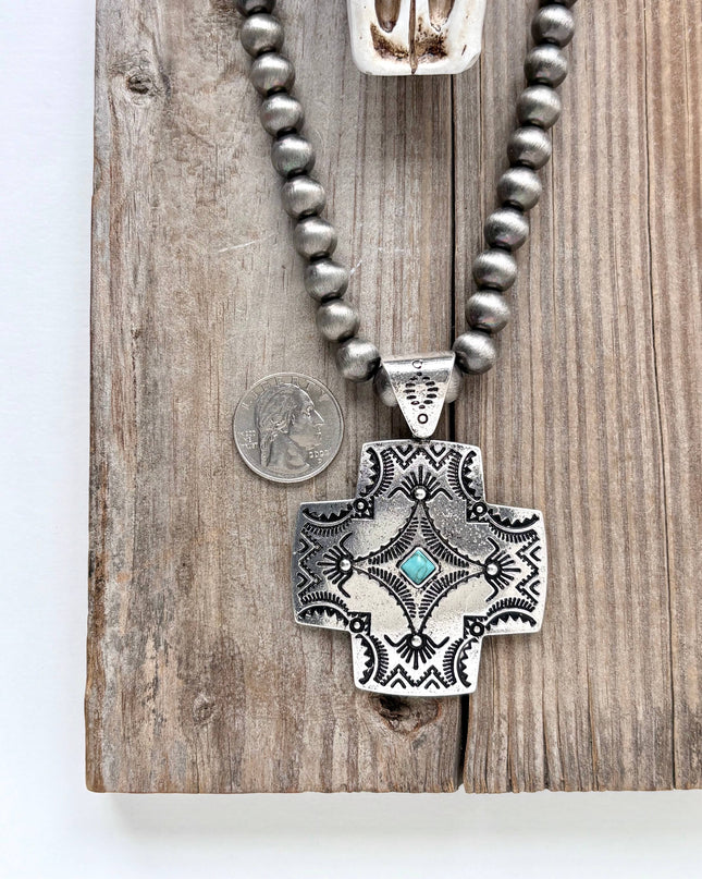 Western Style Navajo Pearl Turquoise Cross Pendant Necklace