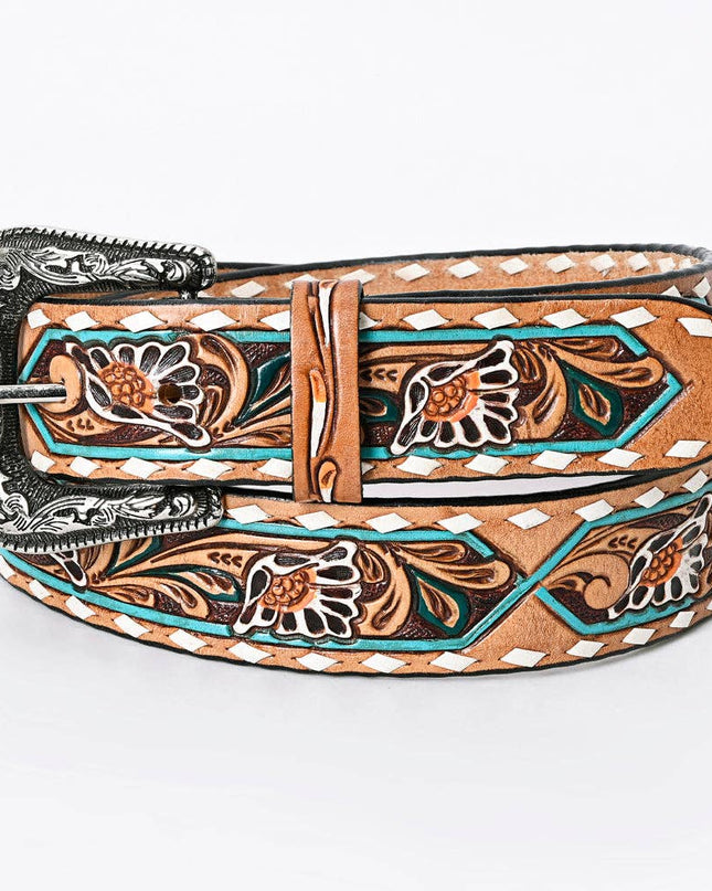 LC-ADBLF161 Tooled Leather Belt - White Daisy Floral with Teal Diamond Accents