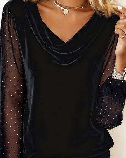 Solid Color V-neck Mesh Long Sleeved Top
