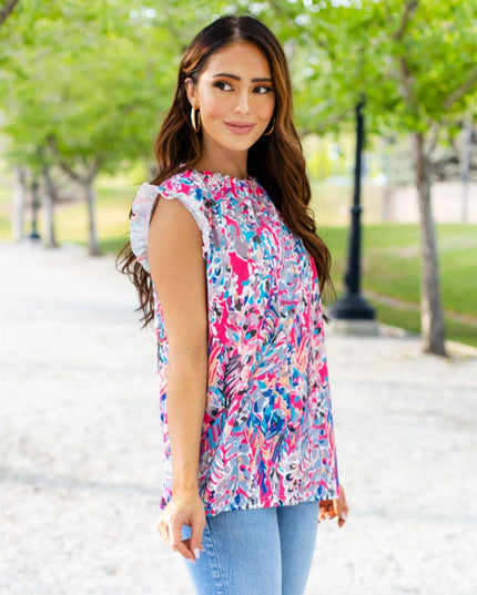 Colorful Pattern Ruffle Cap Sleeve Top