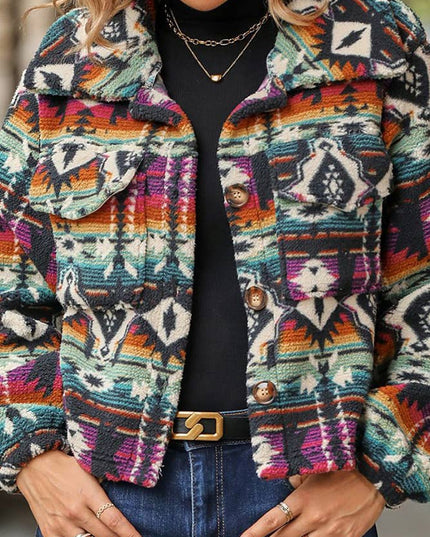 Western Aztec Pattern Button Up Fleece Crop Jacket