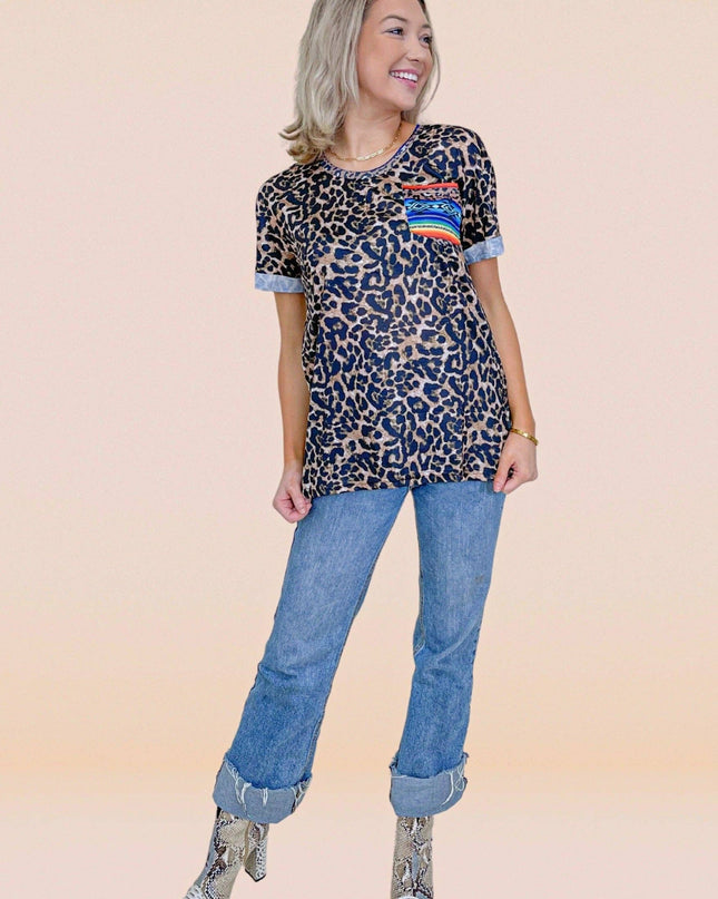 Leopard Top with Serape Pocket
