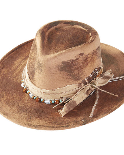 Distressed Fabric Band Feather Cowgirl Fedora Hat