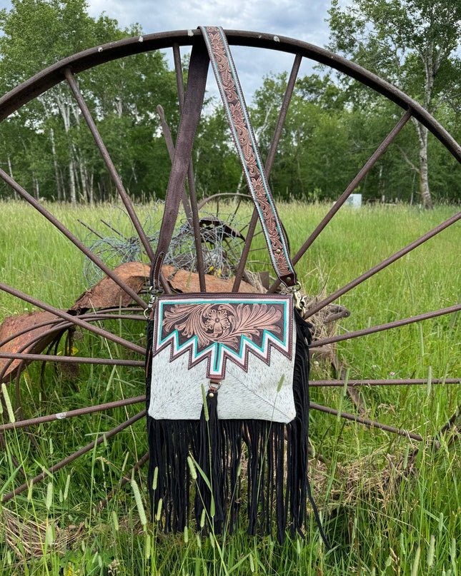 Genuine Western Cowhide Leather Purse and Wallet with jagged painted details and black fringe.