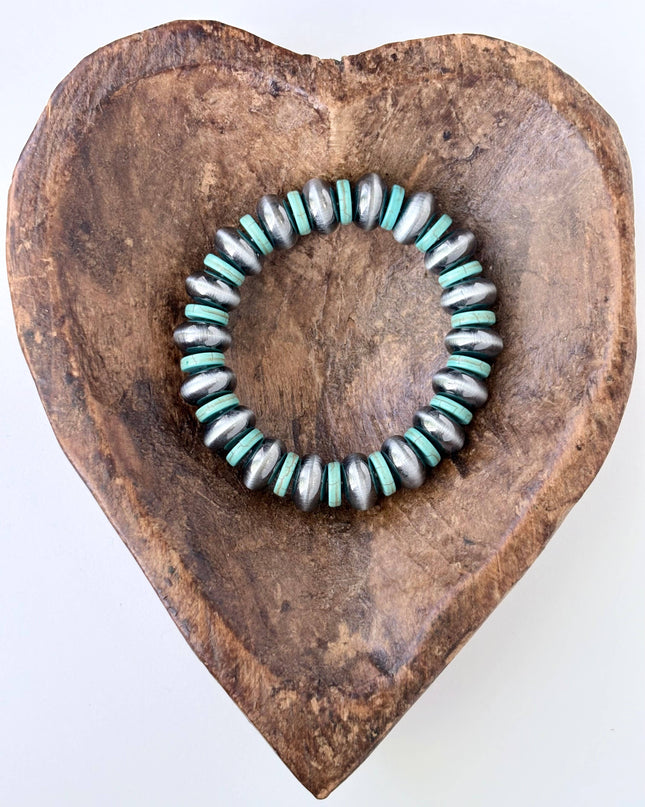 Western Style Flat Navajo Pearl & Turquoise Stretch Bracelet