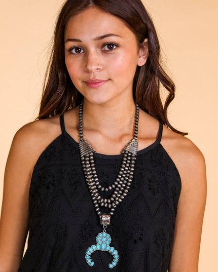 Howdy Partner Turquoise Squash Blossom, Silver