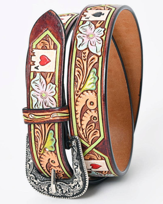 LC-ADBLF156 Tooled Leather Belt - Poker Card Floral Design with Hand-Painted Accents