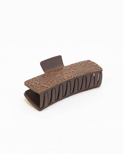 Soilcrest Embossed Leather Hair Clip in Cedar Brown