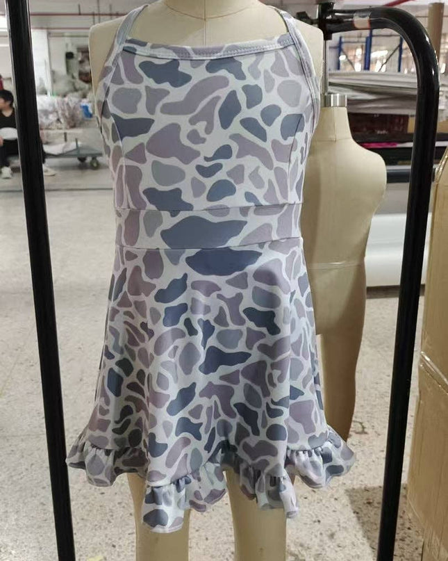 Baby Girls Strap Gray Camo Yoga Ruffle Knee Length Dresses