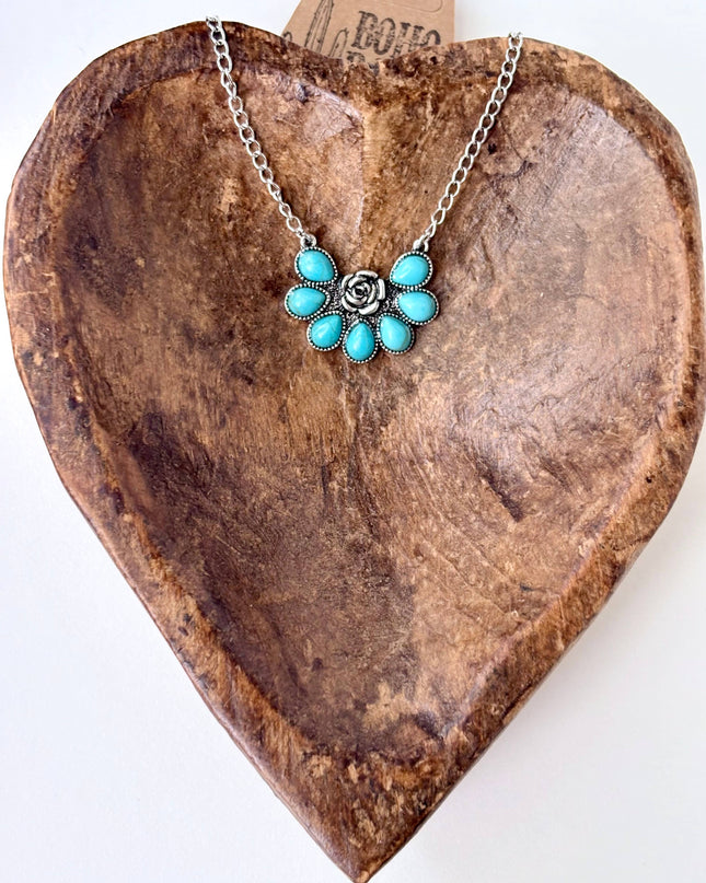 Western Turquoise Stone Squash Blossom Pendant Necklace