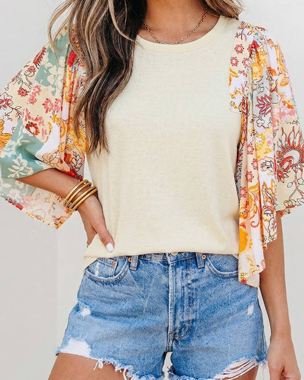 Floral Patchwork Half Batwing Sleeve Blouse | S-XL