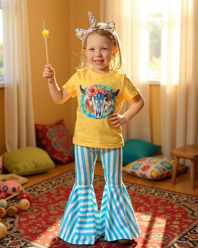 Western bull skull & white/aqua stripes girls set XCH0777-31
