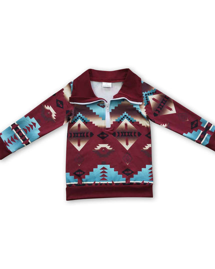 Long sleeves kids boys zipper aztec western pullover