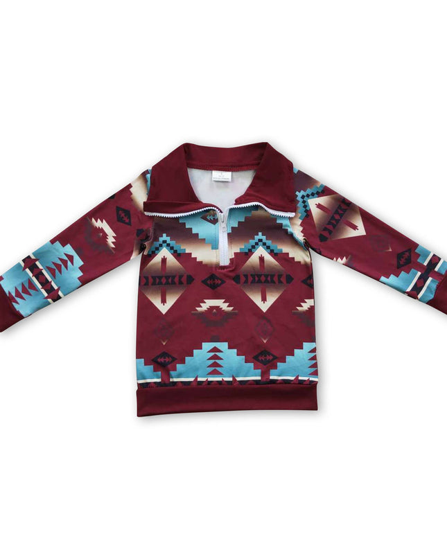 Long sleeves kids boys zipper aztec western pullover