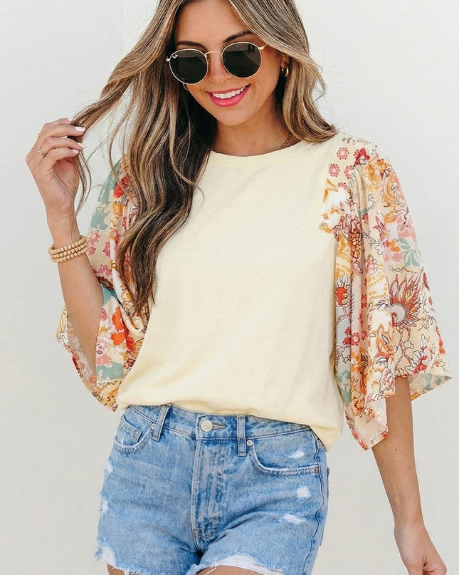 Floral Patchwork Half Batwing Sleeve Blouse | S-XL
