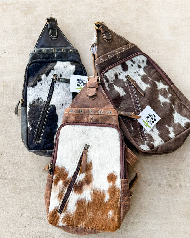 Western Cowhide Leather Sling Bag - travel bag chest bag