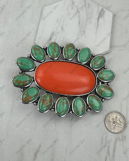 BPD251230-01-RED-BLUE                     Silver metal with red and blue turquoise stone large oval Belt buckle