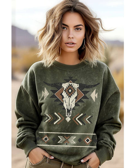 COW SKULL AZTEC MINERAL GRAPHIC SWEATWHIRTS