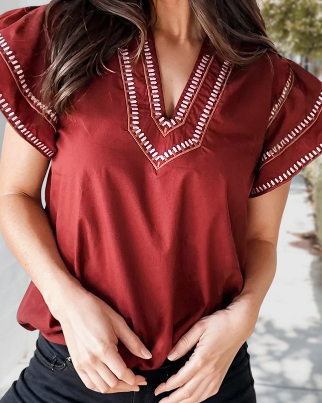 Contrast Trim V Neck Flutter Ruffle Sleeve Blouse | S-XL
