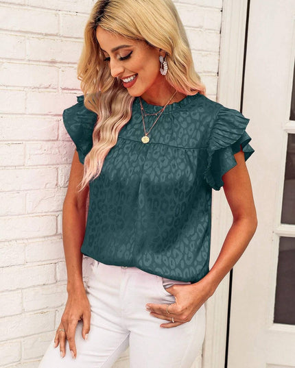 Women's Printed Lotus Leaf Sleeve Wavy Collar Top