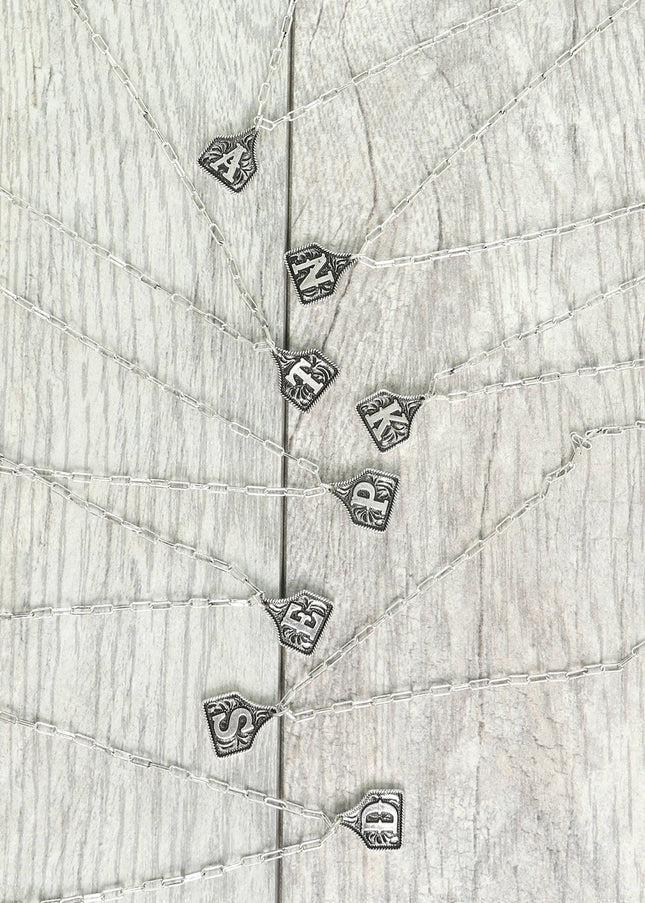 Western Letter Initial Etched Cattle Tag Pendant Necklace