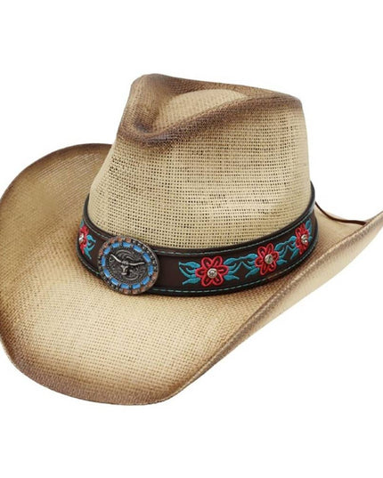 Western Longhorn Floral Strap Straw Cowboy Hat