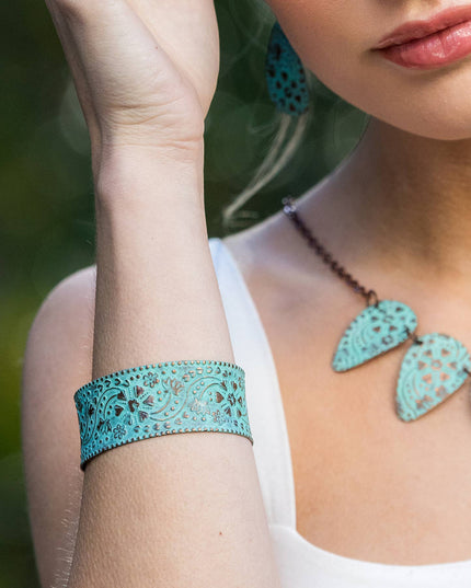 Copper Patina Bracelet - Turquoise Floral and Vine
